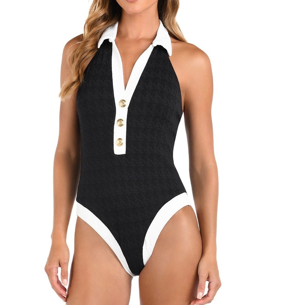 L'AGENCE Natalya Collared One Piece Swimsuit Black White Boucle LG5AM15 Size L